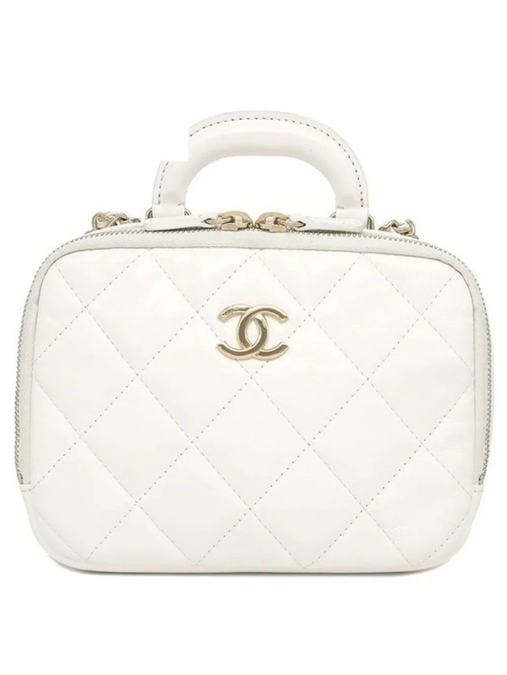 Chanel 2-Way Bag Quilted 18 Top Handle Leather White Gold Handbag